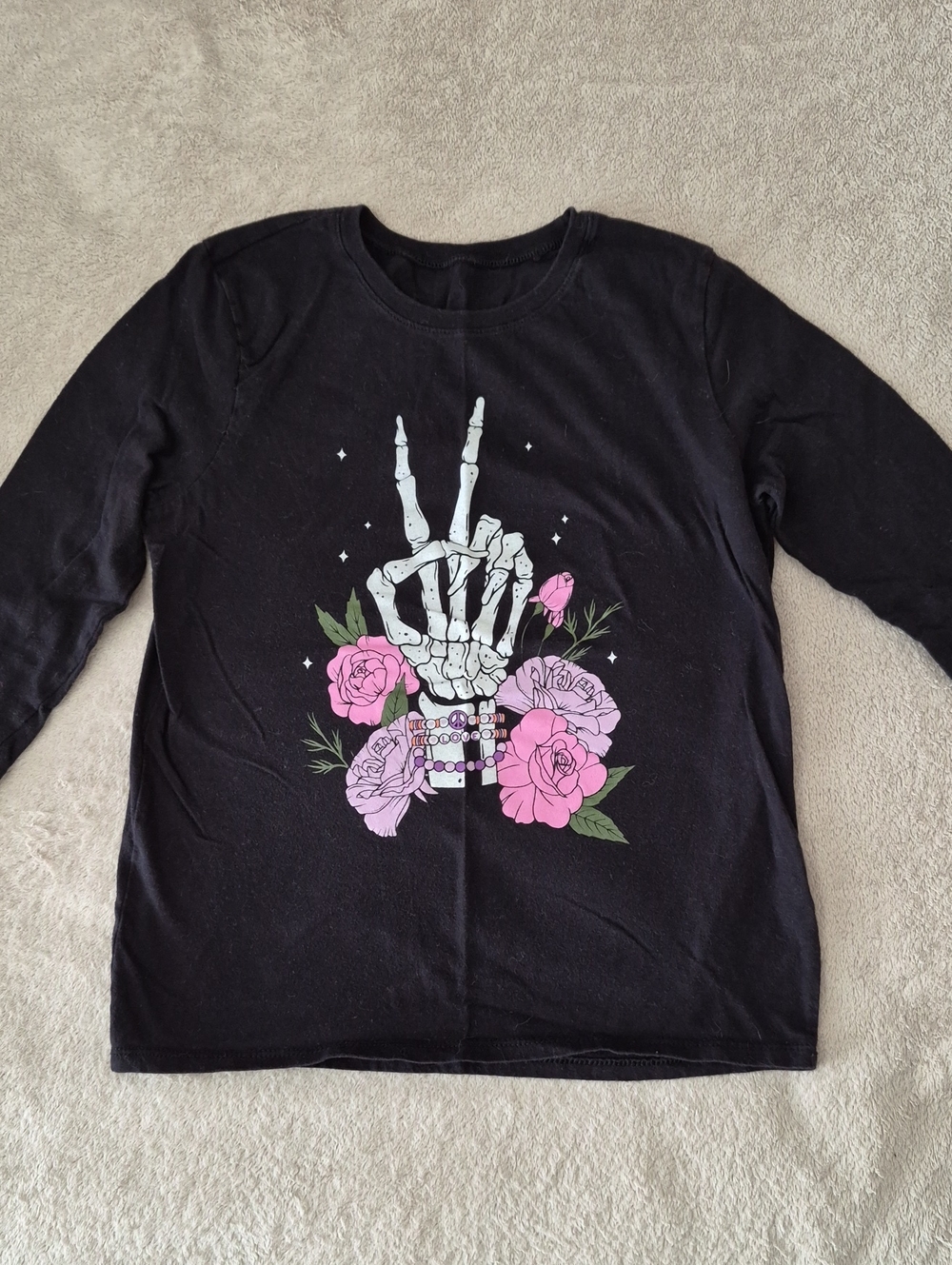 Girls Black Long-Sleeve Tee with Skeleton Hand & Pink Roses